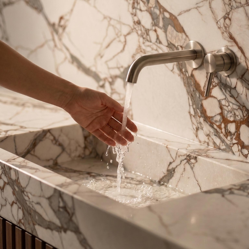 Natural stone vanities with brushed nickel tap and flowing water over a marble basin in a luxury bathroom.